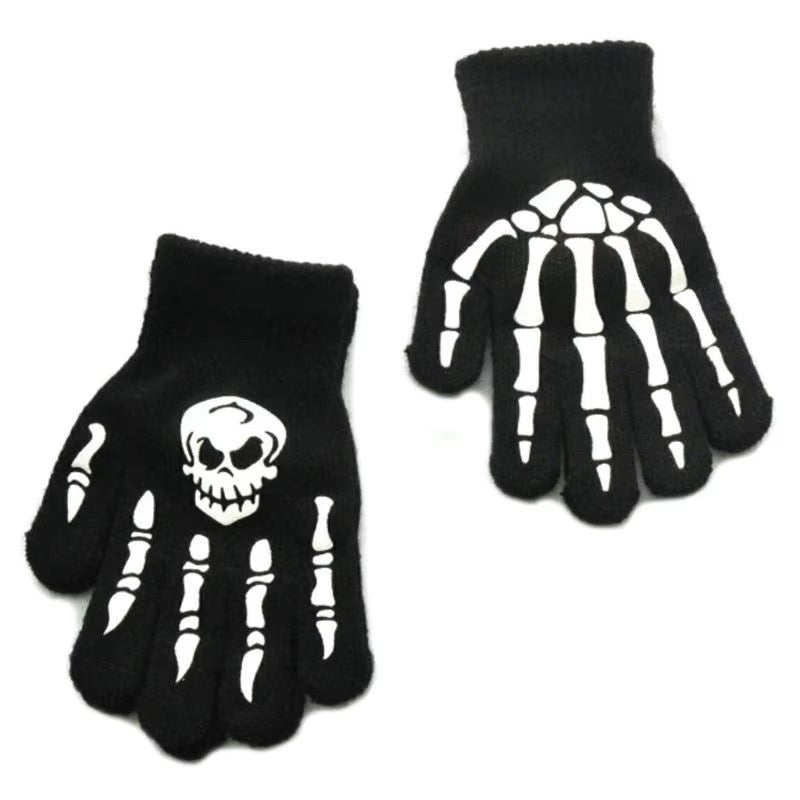 Unisex Adult Halloween Skeleton Skull Half Finger Gloves Glow in the Dark Fingerless Stretch Knitted Winter Mittens