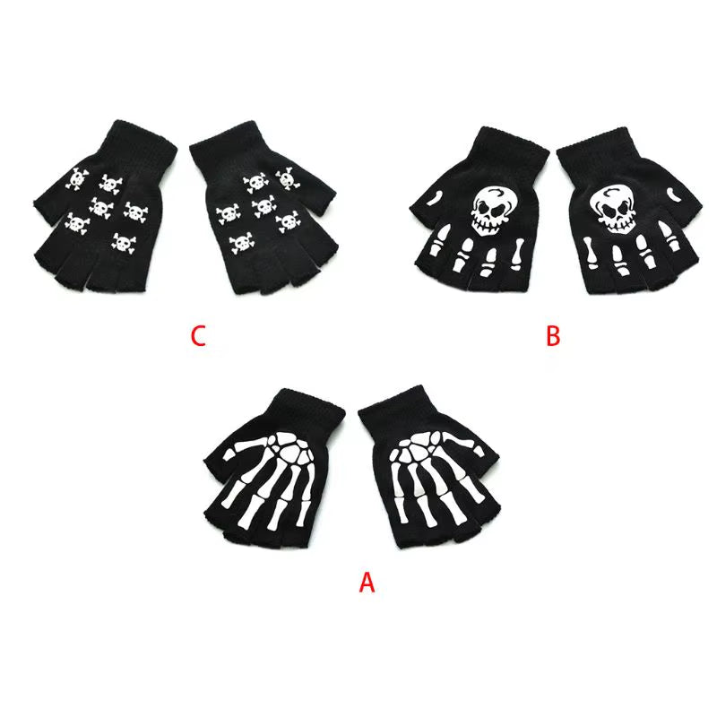 Unisex Adult Halloween Skeleton Skull Half Finger Gloves Glow in the Dark Fingerless Stretch Knitted Winter Mittens
