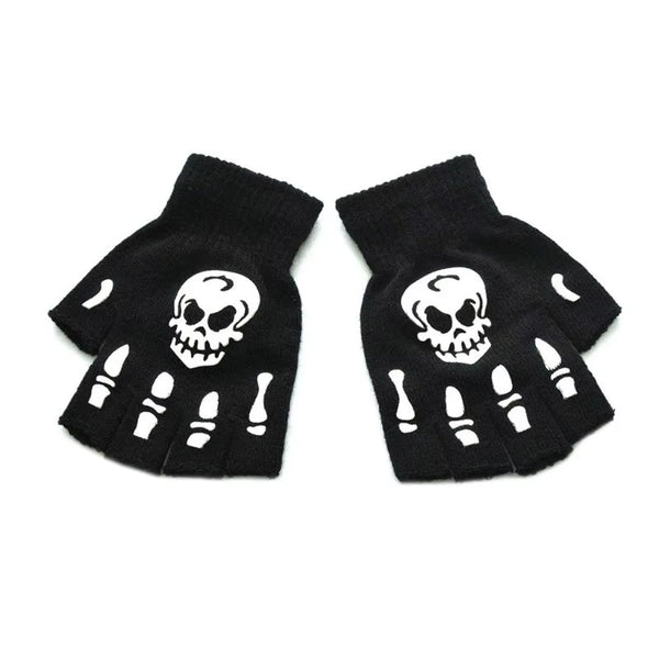 Unisex Adult Halloween Skeleton Skull Half Finger Gloves Glow in the Dark Fingerless Stretch Knitted Winter Mittens
