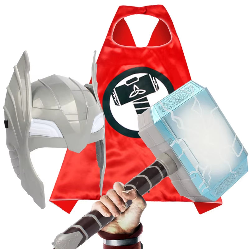 Movie the Avengers Thor Toys LED Light Sound Thor Hammer Mask Cloak Action Figures Kids Brinquedos Cosplay Halloween Gift